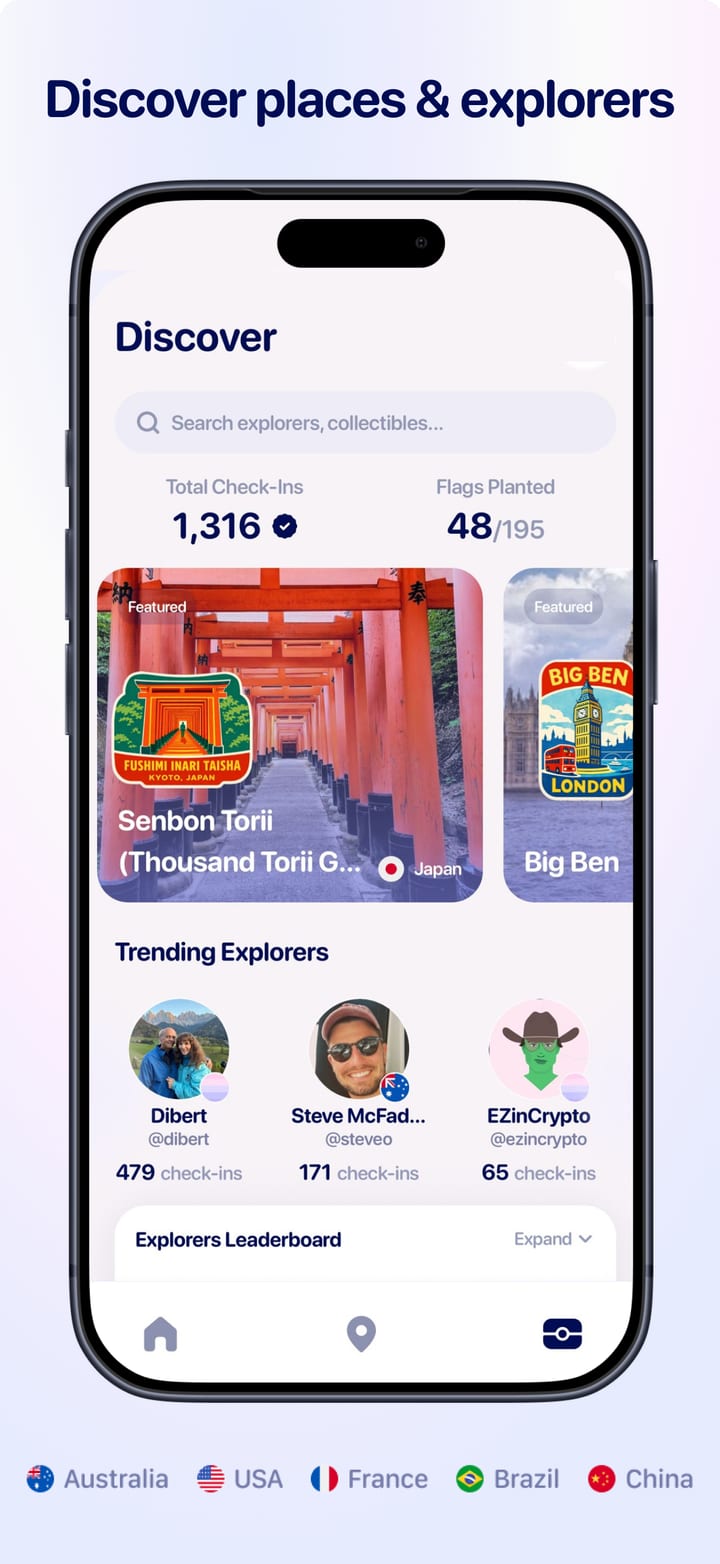 PASSPRT discover screen showing featured stamps and trending explorers