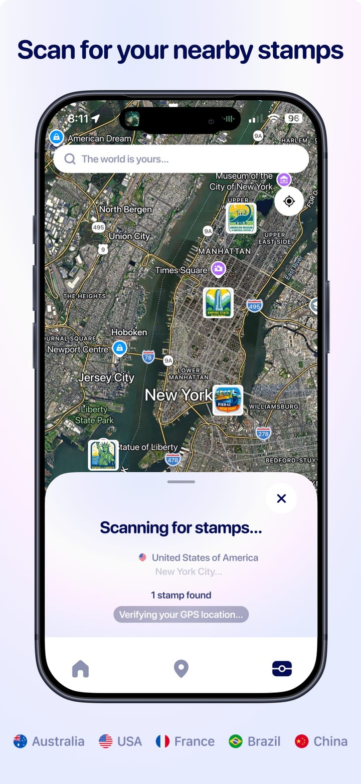 PASSPRT app showing a map of New York with stamps and a scanning sheet
